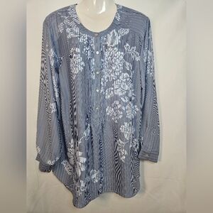Jane & Delancey Blue Stripe Floral Button Front Blouse Top Size 1X